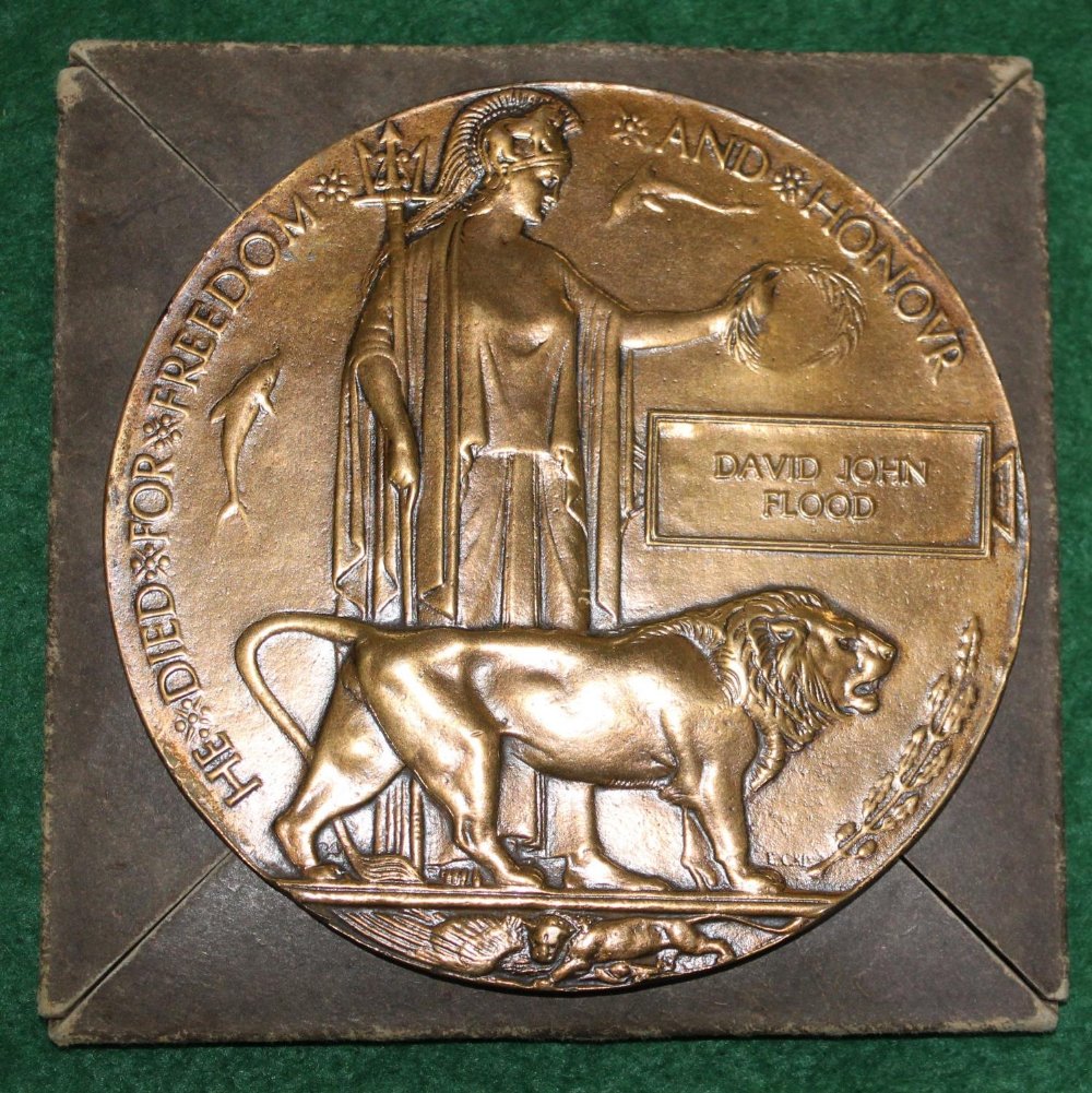 Australian WWI bronze memorial plaque (death penny) for David John Flood, in card box of issue (5694
