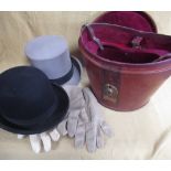 G.A Dunn & Co. grey top hat, size 7 3/4 in brown leather fitted travel case, two pairs of leather