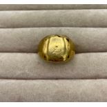Yellow metal signet ring, inscription to inside shank "Moffat", size P, 12.9g