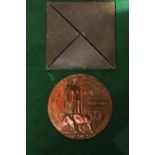 WITHDRAWN - WWI bronze memorial plaque (death penny) for Robert Mackie, with card box of issue