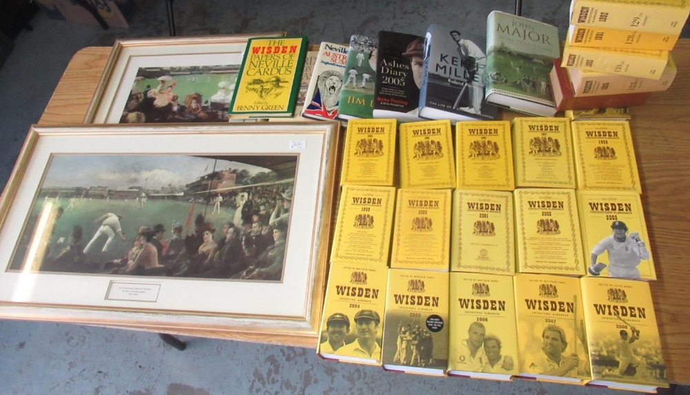 Collection of Wisdens Cricketers Almanacs and other cricket books together and two cricket related