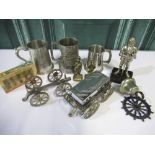 Various assorted plated and other metal ware, including regimental tankards, brass figures of