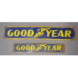 Two Goodyear" enamel advertising signs. L40.8 x H7.5cm, max (2)