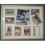 Framed photographic montage of Ayrton Senna, including a signed photo, auctioned at a Nat West