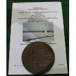 Canadian WWI bronze memorial plaque (death penny) for Fred Provost, with associated CWGC
