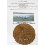 WWI bronze memorial plaque (death penny) for Wallace Leigh, with card box of issue and CWGC research