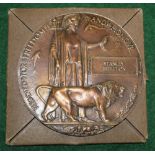 WWI bronze memorial plaque (death penny) for Stanley Brereton, with original card box of issue (