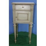 Early C20th marble top green painted French Empire style bedside cabinet, panelled door and drawer