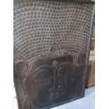 C20th large South East Asian decorative carved hardwood pictoral panel representing Buddha,