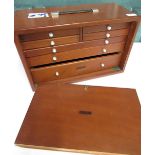 Union wood tool box with fall front revealing bank of various assorted size drawers 46cm x 21cm x