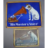 "His Masters Voice" enamel advertising sign with blue background (L40.7 x H30.5cm) and a smaller