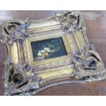 C19th style; Duck family on a river bank, oil on panel, indistinctly signed, in decorative frame,