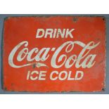 Rectangular steel plate "Drink Ice Cold Coca-Cola" enamel advertising sign, L38.2 x 27.9cm