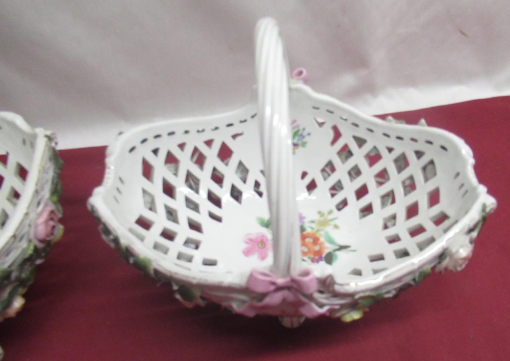 Pair of late C19th Sitzendorf pierced baskets, encrusted with trailing roses, and painted with - Image 2 of 4