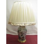 Decalomania style two light table lamp, chinoiserie decorated baluster body with gilt wood base