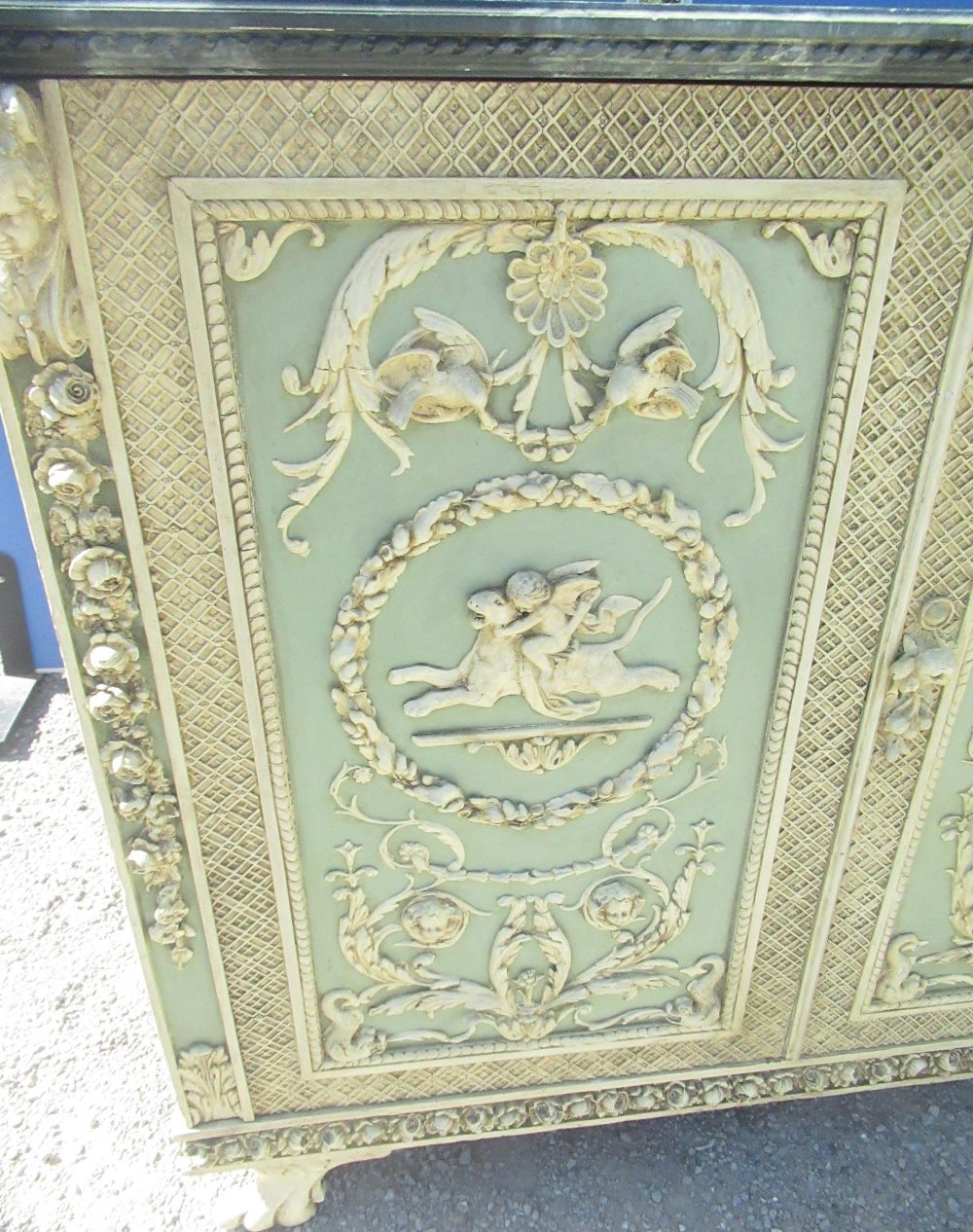 C19th Italian Revival cream and green painted cabinet, simulated marble top above two moulded - Image 2 of 6