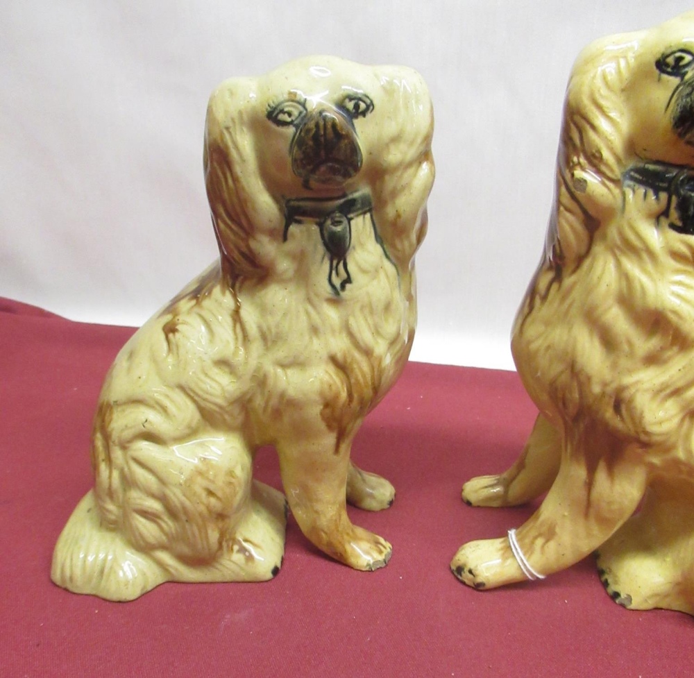 Pair of C19th Staffordshire brown glazed hollow models of Spaniels with black muzzles and collars, - Image 3 of 3