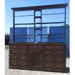 Geo.III oak dresser, three tier back with dentil cornice, moulded planked top and nine drawers