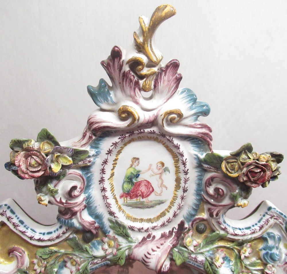 Late C19th porcelain framed easel mirror, the cartouche plate with etched border of flowers in an - Image 2 of 5