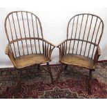 Pair of Country made hoop and stick back Windsor type arm chairs, with curved arm supports and