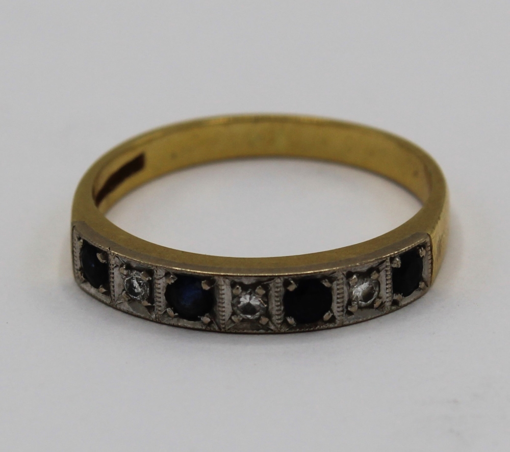 18ct yellow gold half hoop eternity ring set with three diamonds and four sapphires, size P, 3.3g - Image 2 of 2