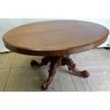 Victorian mahogany breakfast table, oval tilt top on turned column support, the four cabriole legs