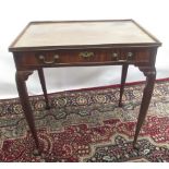 C18th style walnut silver table, tray top above a shallow frieze drawer with brass handles, on