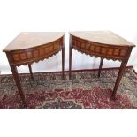 Pair of late C18th mahogany corner tables, tops inlaid with crested scrolls, pen-work and bands,