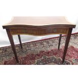 Geo. III inlaid mahogany folding tea table, serpentine top with satinwood cross band , and inlaid