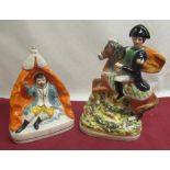 C19th Staffordshire model of a man on horseback, H24cm and a later model of Garrick as Falstaff,