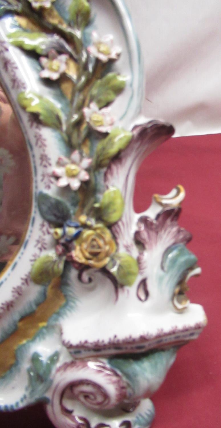 Late C19th porcelain framed easel mirror, the cartouche plate with etched border of flowers in an - Image 4 of 5