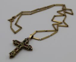 9ct yellow gold crucifix pendant set with coloured gemstones on 9ct yellow gold chain, both
