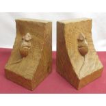 Robert Mouseman Thompson of Kilburn - pair of adzed oak bookends, carved with signature mice, W8.5cm