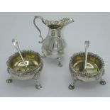 Pair of Geo.VI cauldron salts, gilt interiors with gadrooned rim and on shell cast C scroll legs