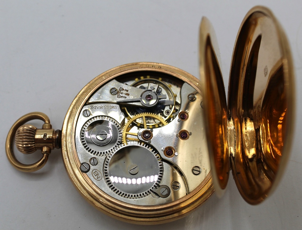 N B Swiss 9ct gold open faced keyless pocket watch, white enamel Arabic dial with rail track minutes - Image 2 of 3