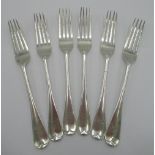 Set of six Victorian hallmarked silver Old English pattern table forks, engraved with initials, by