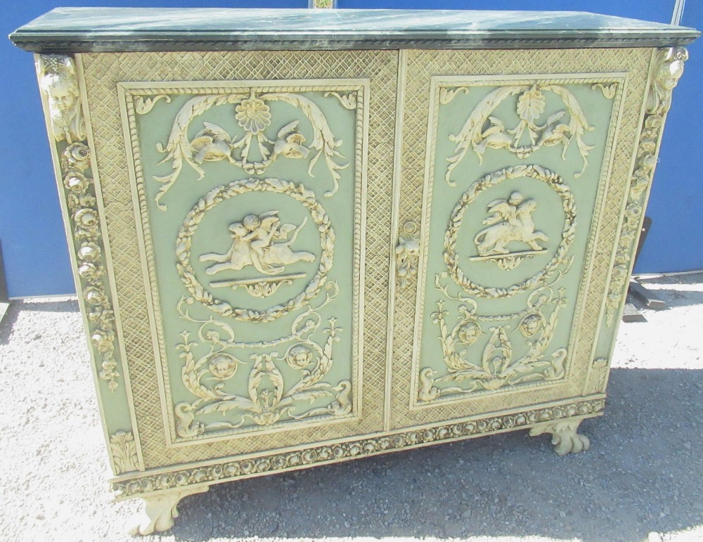 C19th Italian Revival cream and green painted cabinet, simulated marble top above two moulded