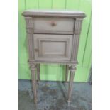 Early C20th marble top green painted French Empire style bedside cabinet, panelled door and drawer