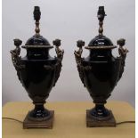 Pair of French Louis XVI style table lamps, the blue urn shaped bodies with gilt metal garlands