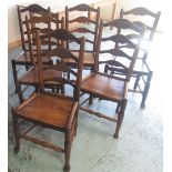 Set of six C19th Country made ash and elm dining chairs, shaped ladder backs and solid seats on
