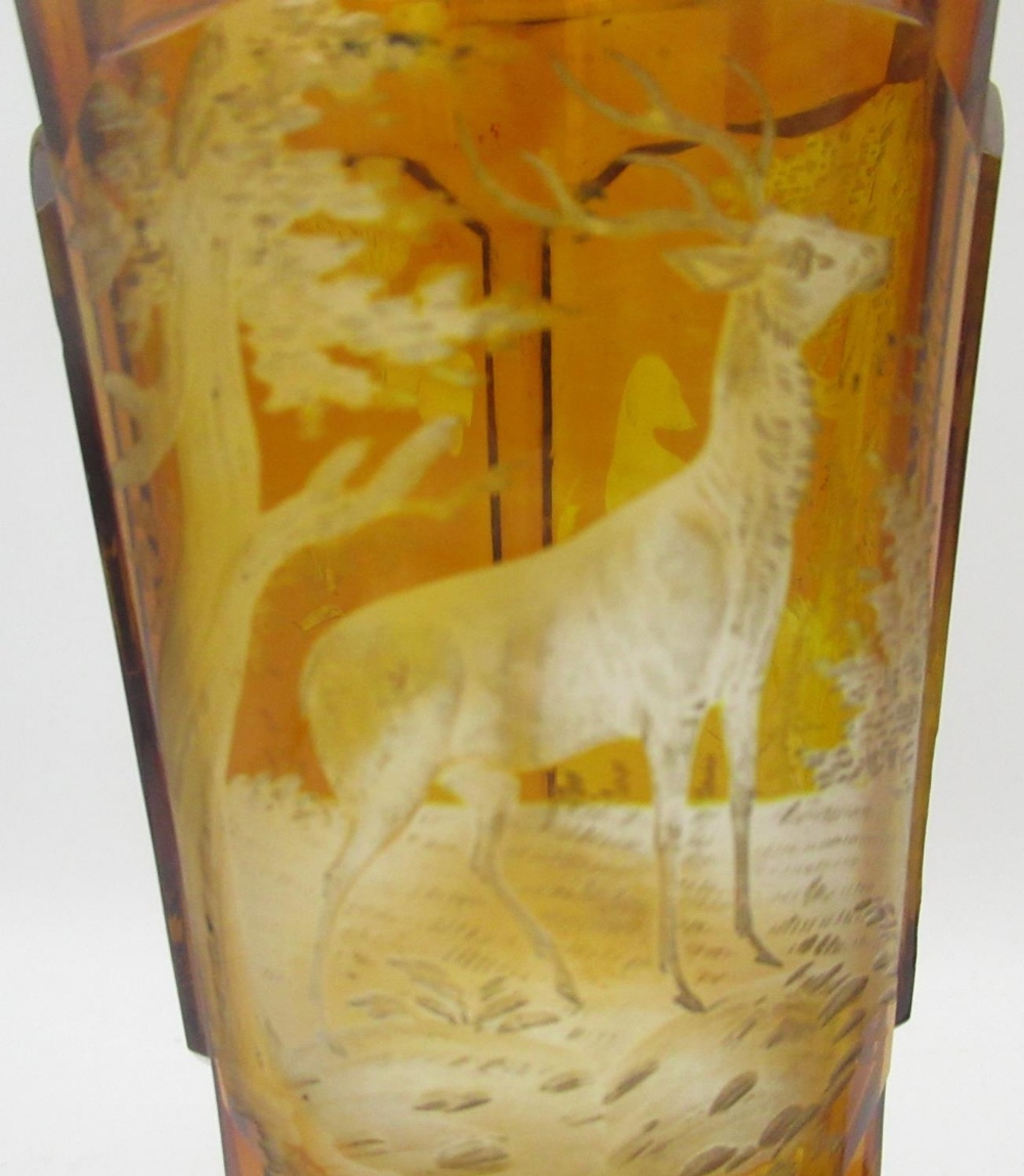 Pair of Bohemian amber glass Hunting goblets, tapering bowls etched in relief panels with Stag, - Image 3 of 4