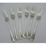 Set of six Victorian hallmarked silver Old English pattern dessert forks, engraved with initials, by