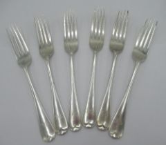 Set of six Victorian hallmarked silver Old English pattern dessert forks, engraved with initials, by