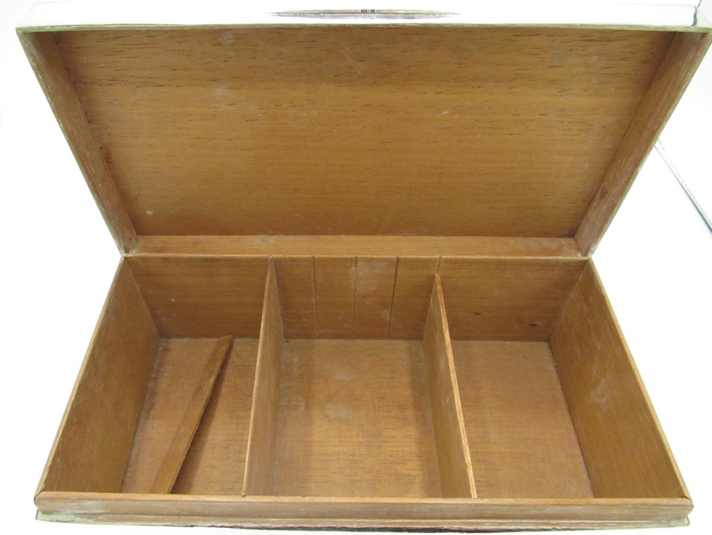 Large Geo.V hallmarked silver cedar lined rectangular table cigarette box, lid engraved 'Presented - Image 3 of 3