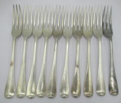 Set of ten Geo.V hallmarked silver three tine table forks, by Carrington & Co. London 1918 24.8oz