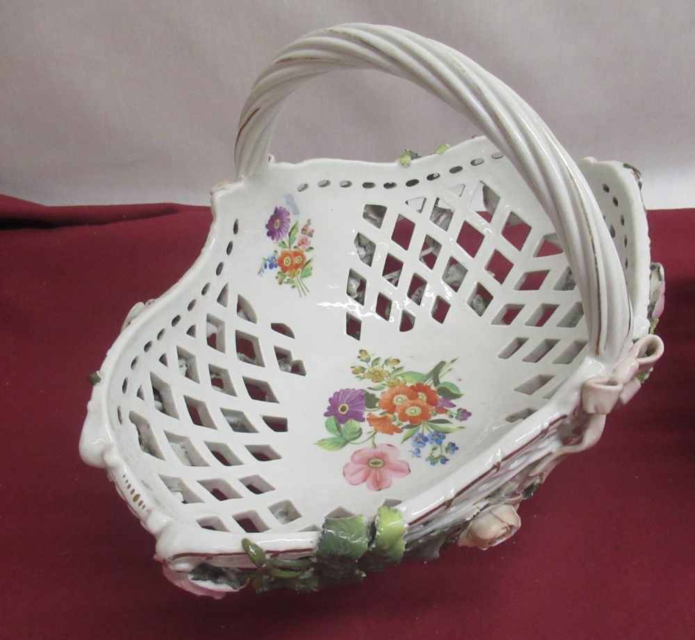 Pair of late C19th Sitzendorf pierced baskets, encrusted with trailing roses, and painted with - Image 3 of 4