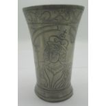 Pewter beaker, tapering body wrigglework decorated with portraits of William & Mary, in scroll