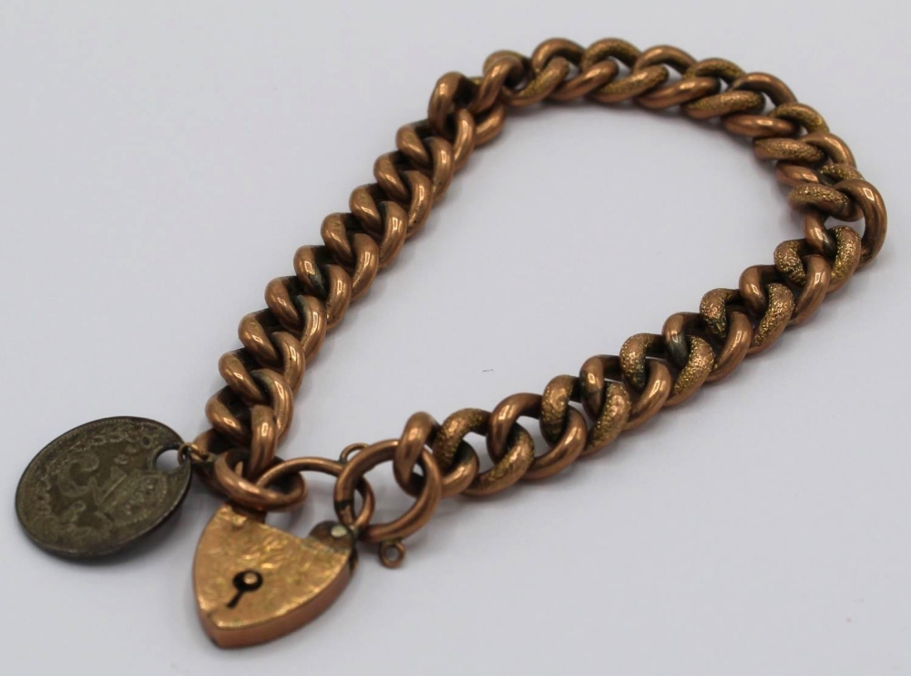 9ct hollow gold curb link bracelet with heart padlock clasp and 1887 3d, stamped 9 375, 13.5g