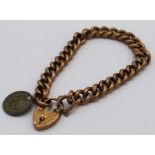 9ct hollow gold curb link bracelet with heart padlock clasp and 1887 3d, stamped 9 375, 13.5g