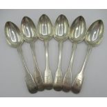 Set of six Victorian Scottish hallmarked silver Fiddle pattern dessert spoons, engraved with a